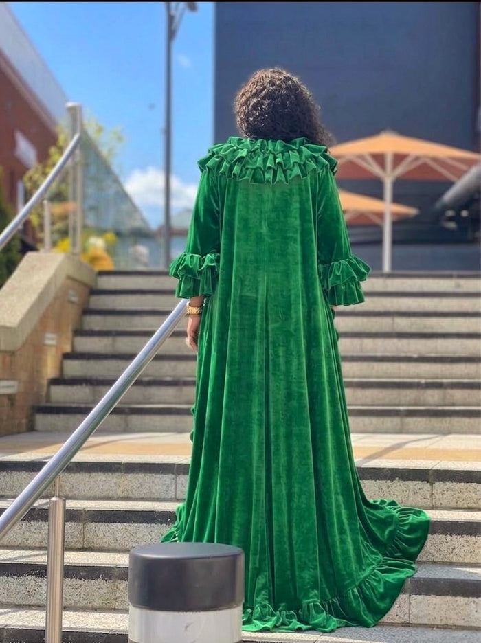 Back view of velvet ruffle duster coat and tailored pants set luxury two piece outfit for women