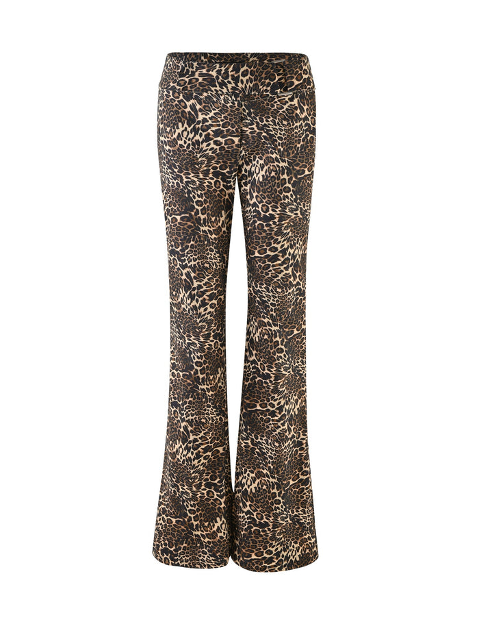 The VESPER PANT - MULTI : LEOPARD from TIGERMIST is a pair of high-waisted, flared pants featuring a bold leopard print pattern in shades of brown and black. The back view highlights the intricate animal print design.