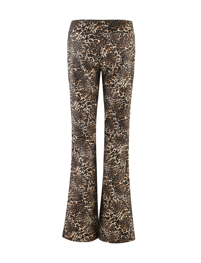 The VESPER PANT - MULTI : LEOPARD from TIGERMIST, showcased from the back, are predominantly brown with black and beige leopard spots. These high-waisted pants feature flared legs that widen towards the hem.
