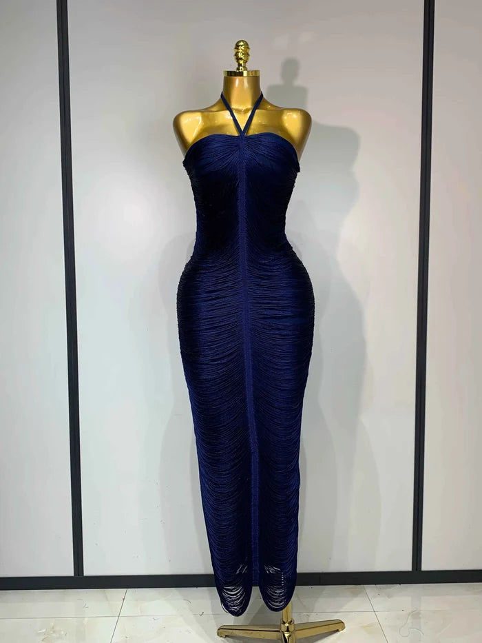 Victoria Tassel Split Halter Bodycon Evening Dress