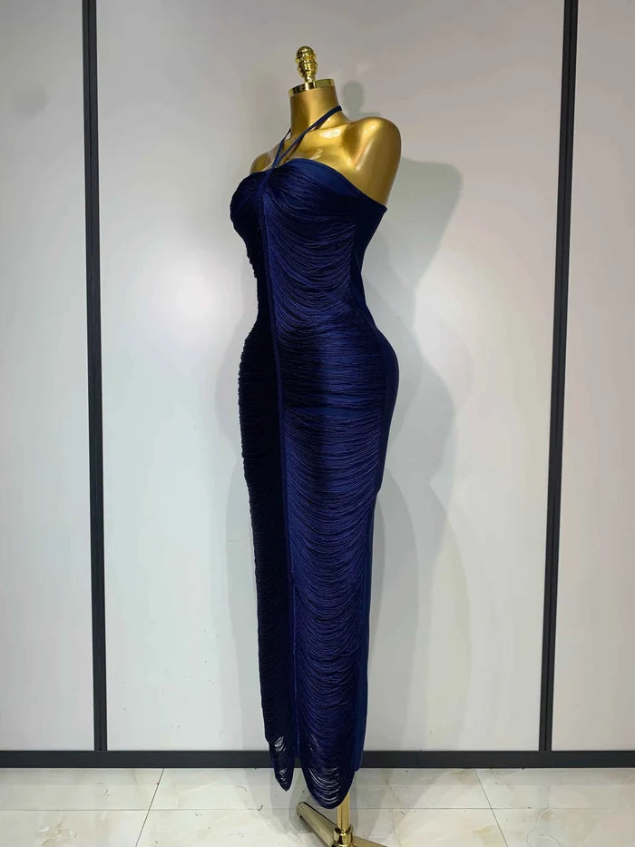 Victoria Tassel Split Halter Bodycon Evening Dress