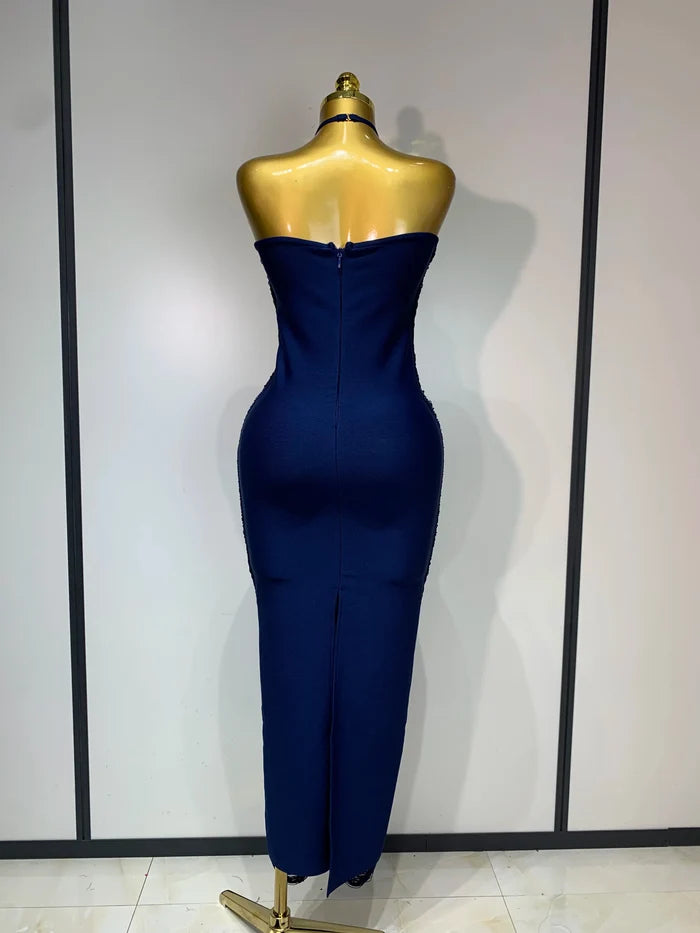 Victoria tassel split halter bodycon dress for women. Elegant luxury outfit for weddings, birthdays, and evening parties.