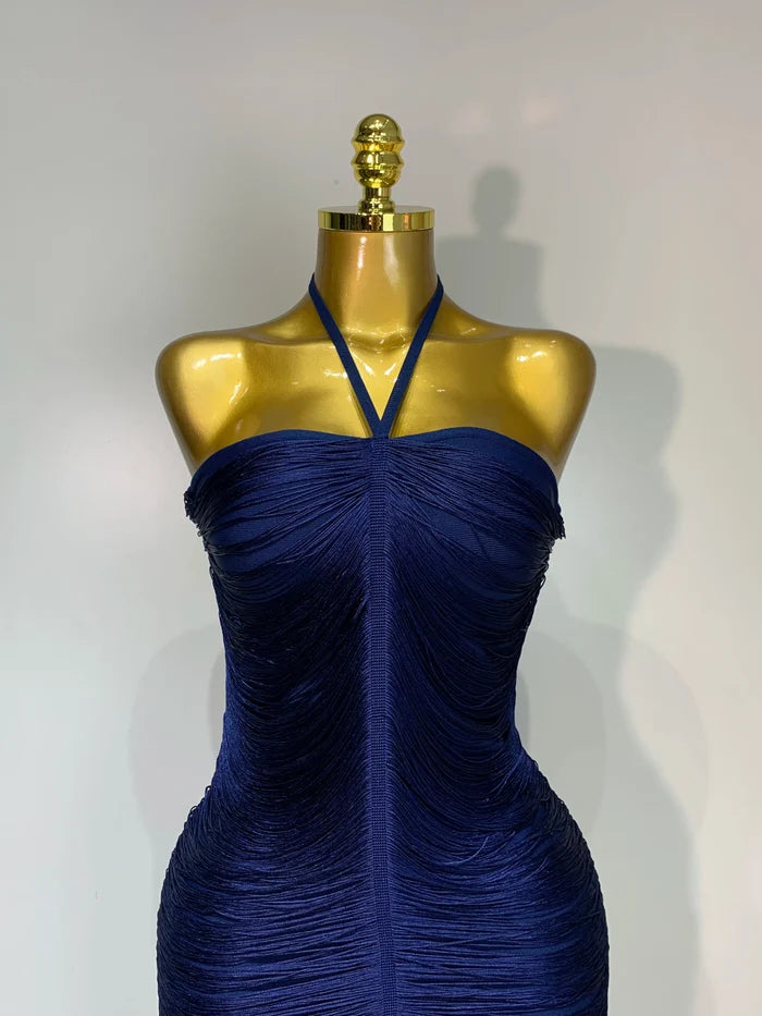 Victoria tassel split halter bodycon dress for women. Elegant luxury outfit for weddings, birthdays, and evening parties.