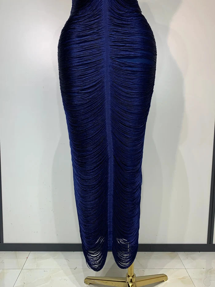 Victoria tassel split halter bodycon dress for women. Elegant luxury outfit for weddings, birthdays, and evening parties.