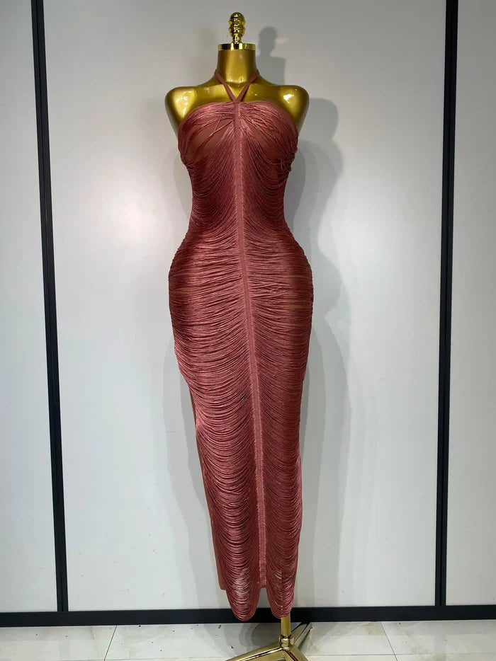 Victoria tassel split halter bodycon dress for women. Elegant luxury outfit for weddings, birthdays, and evening parties.