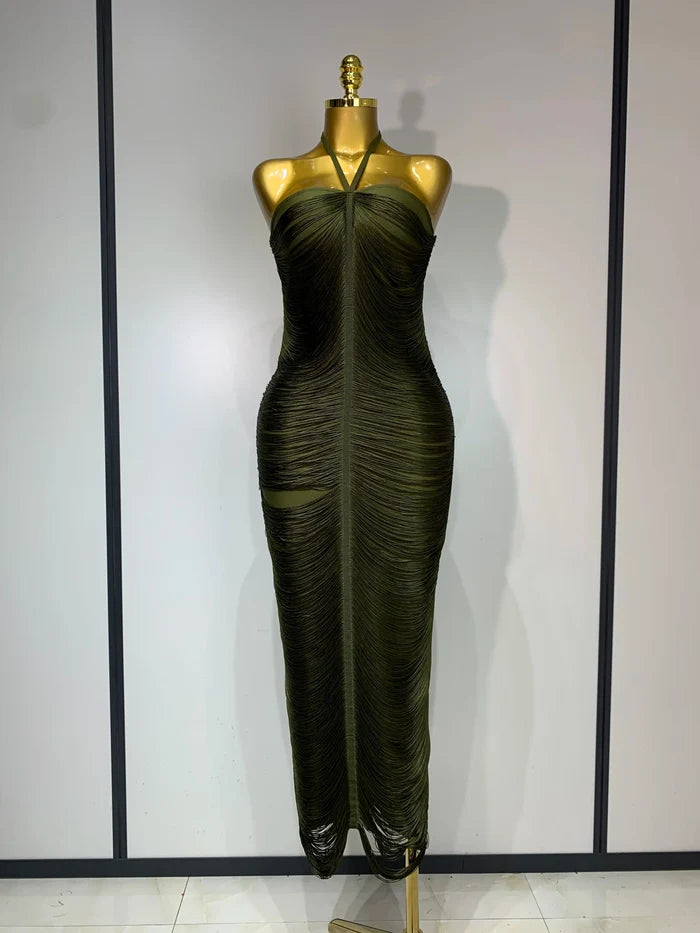 Victoria tassel split halter bodycon dress for women. Elegant luxury outfit for weddings, birthdays, and evening parties.