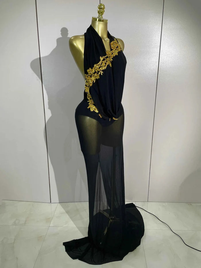 Elegance Sparkly Rhinestone Stretch Bodysuits Long Mesh Dress 2026 New Women Birthday Party Nightclub Bar Dj Sexy Stage Costume