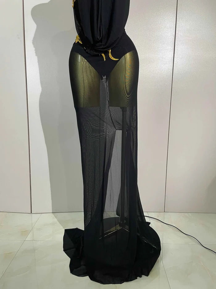 Elegance Sparkly Rhinestone Stretch Bodysuits Long Mesh Dress 2026 New Women Birthday Party Nightclub Bar Dj Sexy Stage Costume