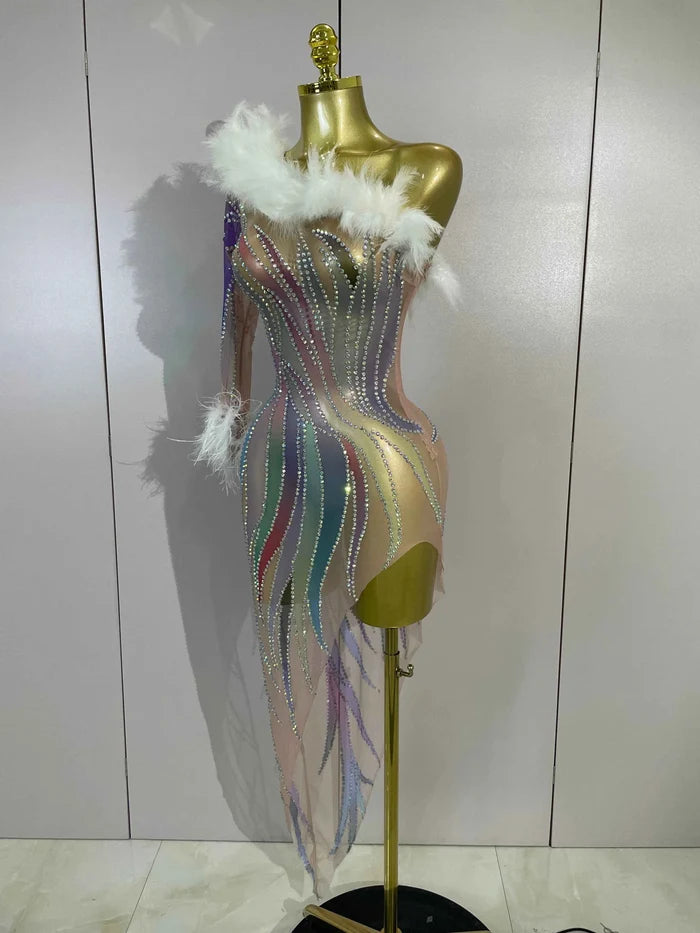 Wendy Sparkly Rhinestone Feather One-Shoulder See-Through Dress for Women