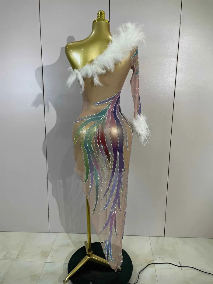 Wendy Sparkly Rhinestone Feather One-Shoulder See-Through Dress for Women