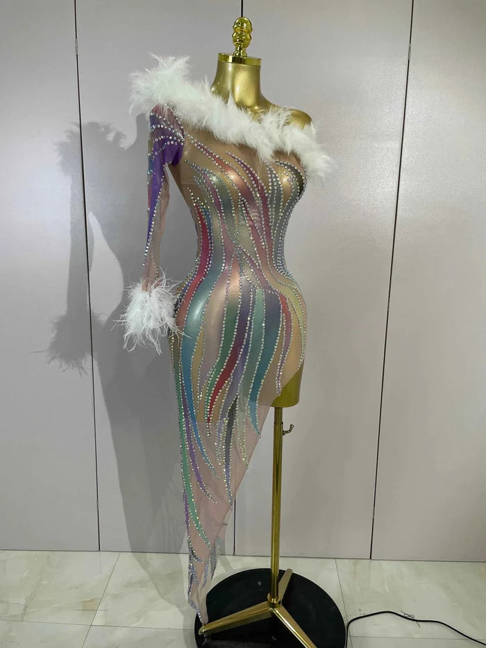 Wendy Sparkly Rhinestone Feather One-Shoulder See-Through Dress for Women
