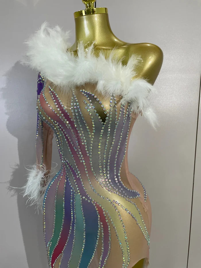 Turn heads in the Wendy one-shoulder rhinestone feather dress. Sexy sheer bodycon party dress for birthdays, cocktails, and evening events.