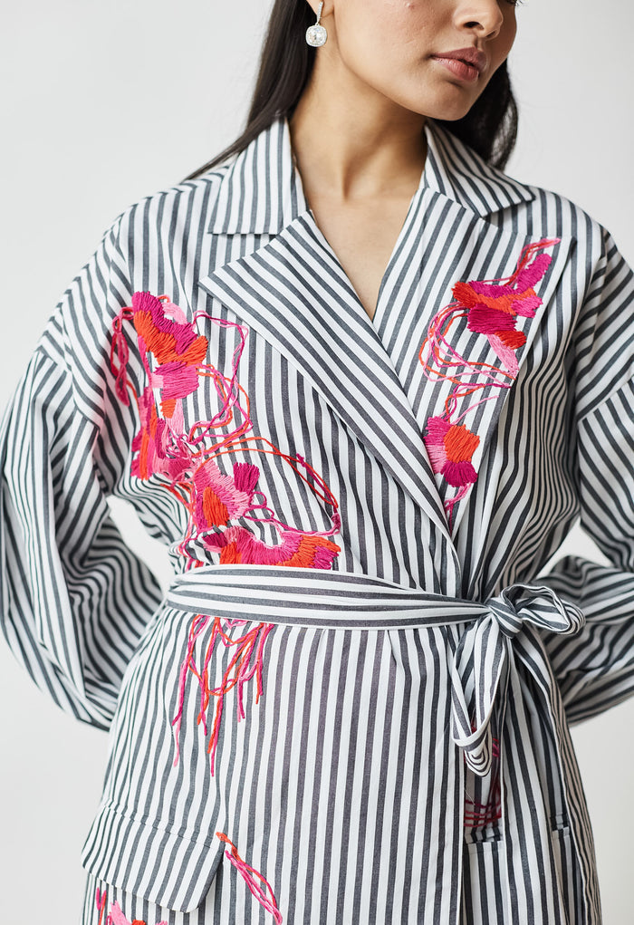 White & Black Stripe Embroidered Dress