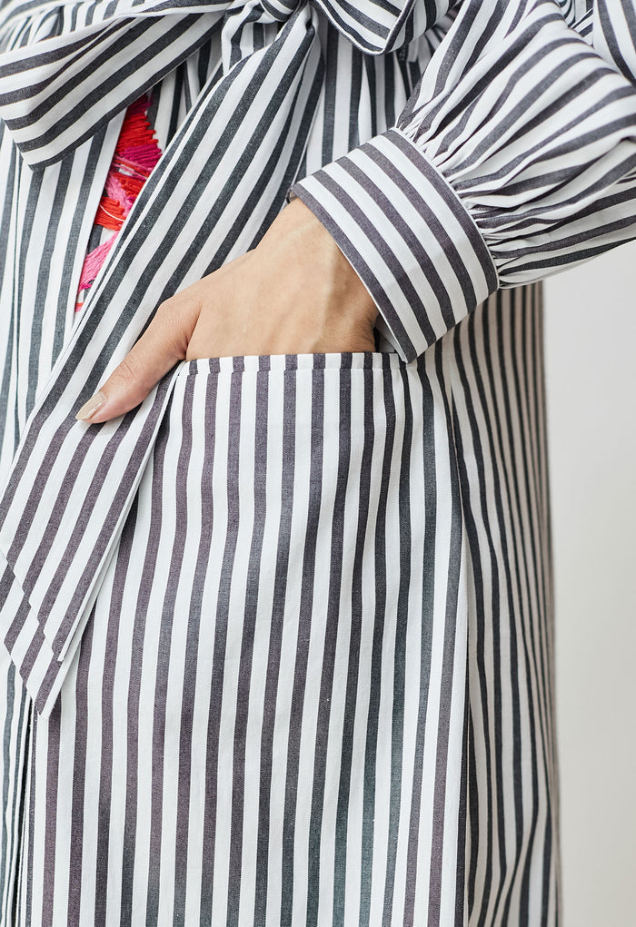 White & Black Stripe Embroidered Dress