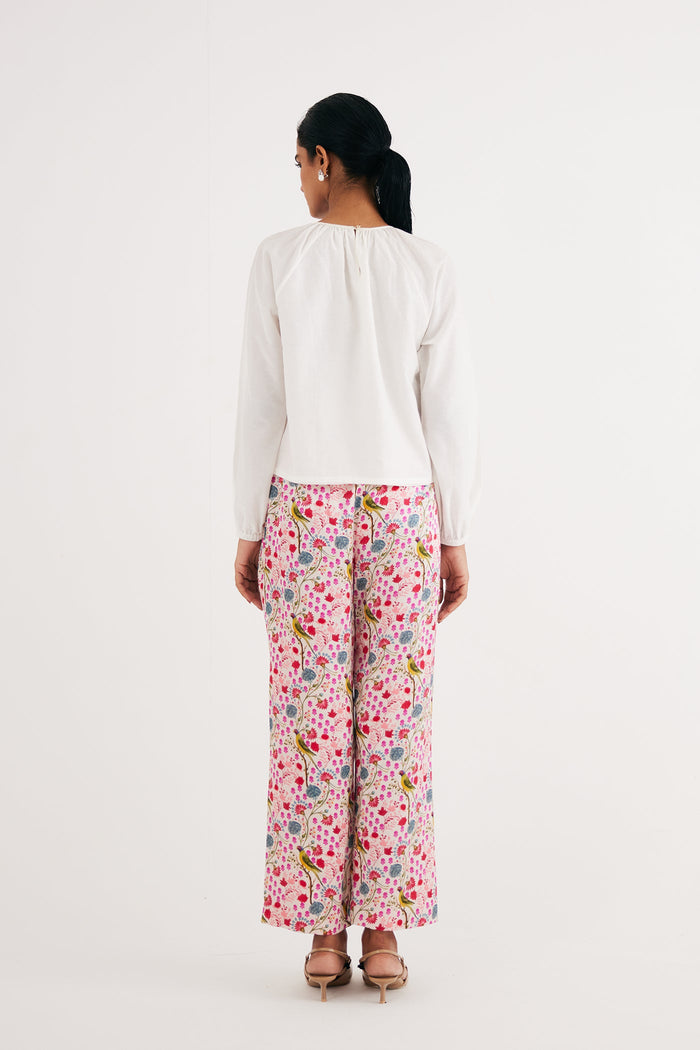 White Cotton Silk Gathered Top