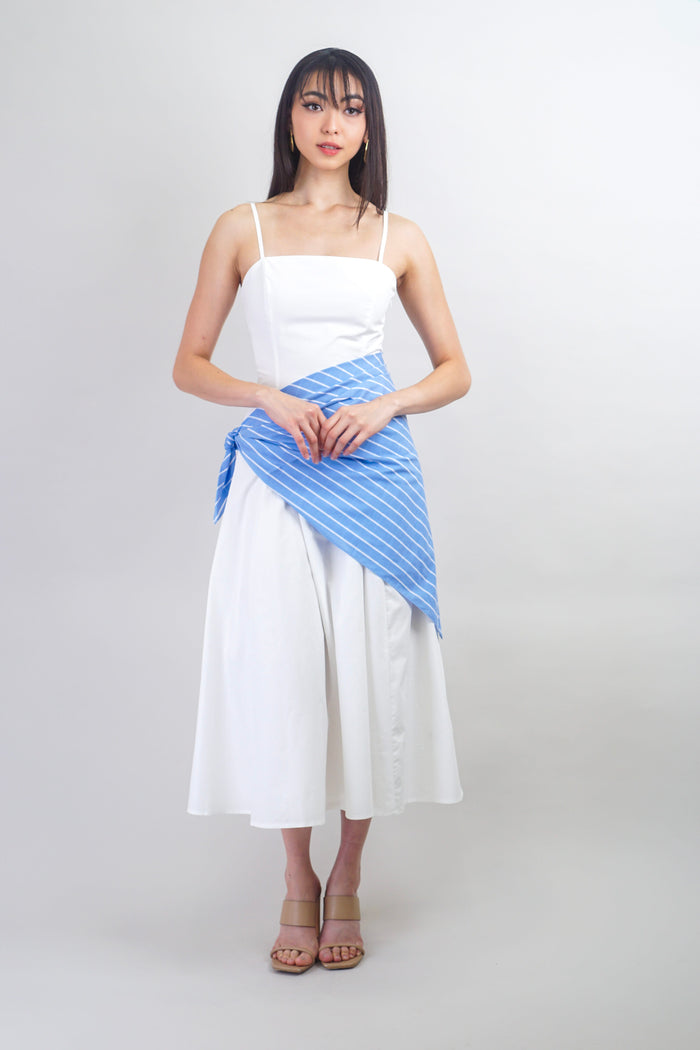 Private Label DRESSES White Midi Dress With Blue Striped Scarf