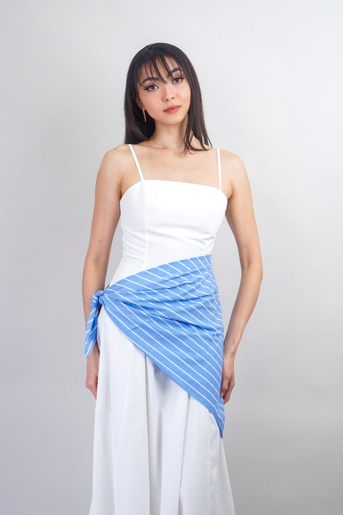 Private Label DRESSES White Midi Dress With Blue Striped Scarf