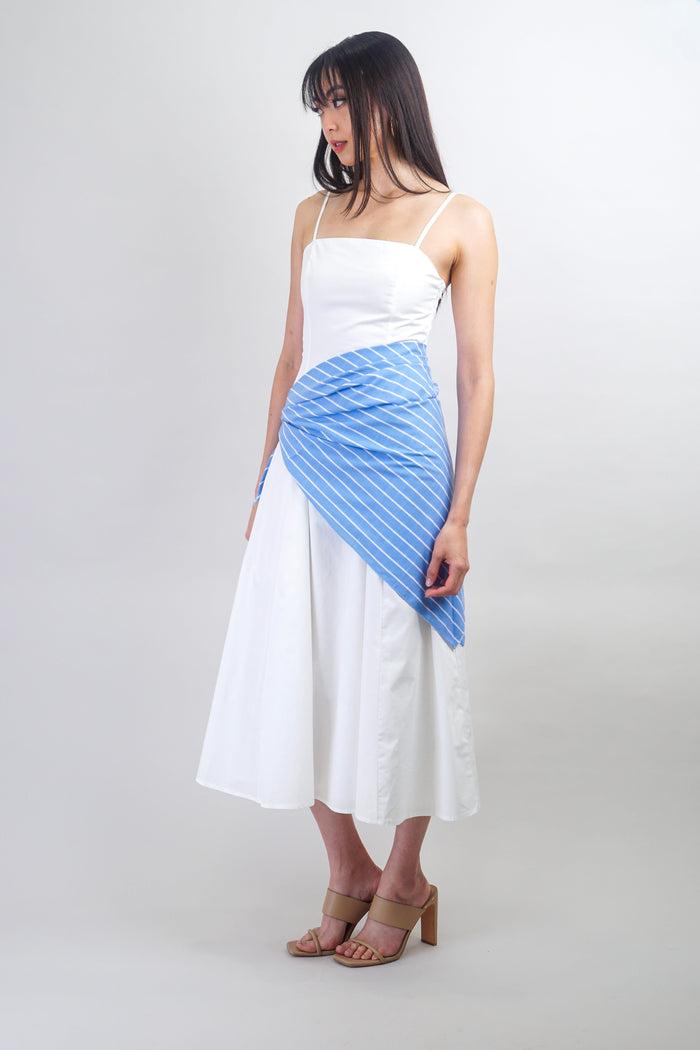 Private Label DRESSES White Midi Dress With Blue Striped Scarf