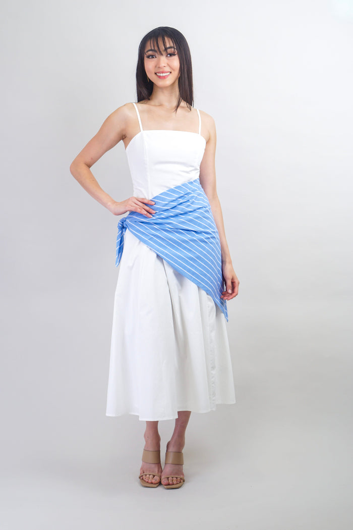 Private Label DRESSES White Midi Dress With Blue Striped Scarf