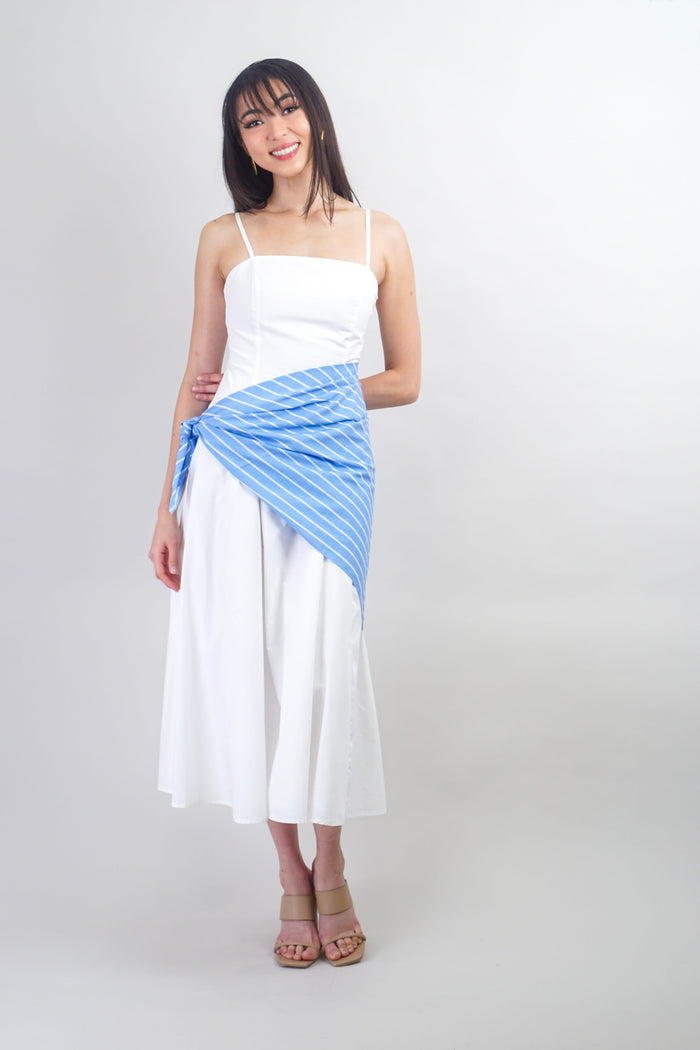 Private Label DRESSES White Midi Dress With Blue Striped Scarf