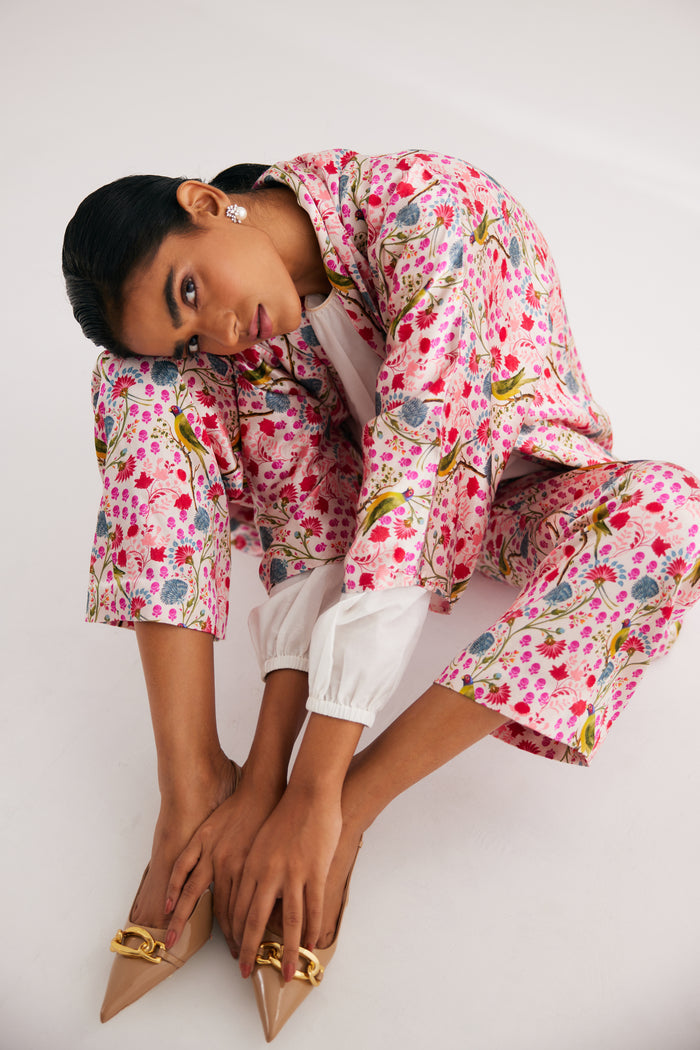White Parrot Print Mashroo Satin Cape & Pant Set