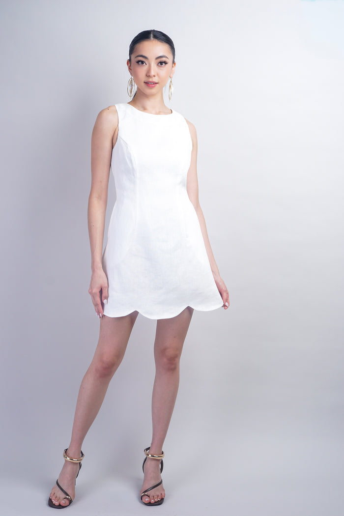 White Scallop Linen Mini Dress