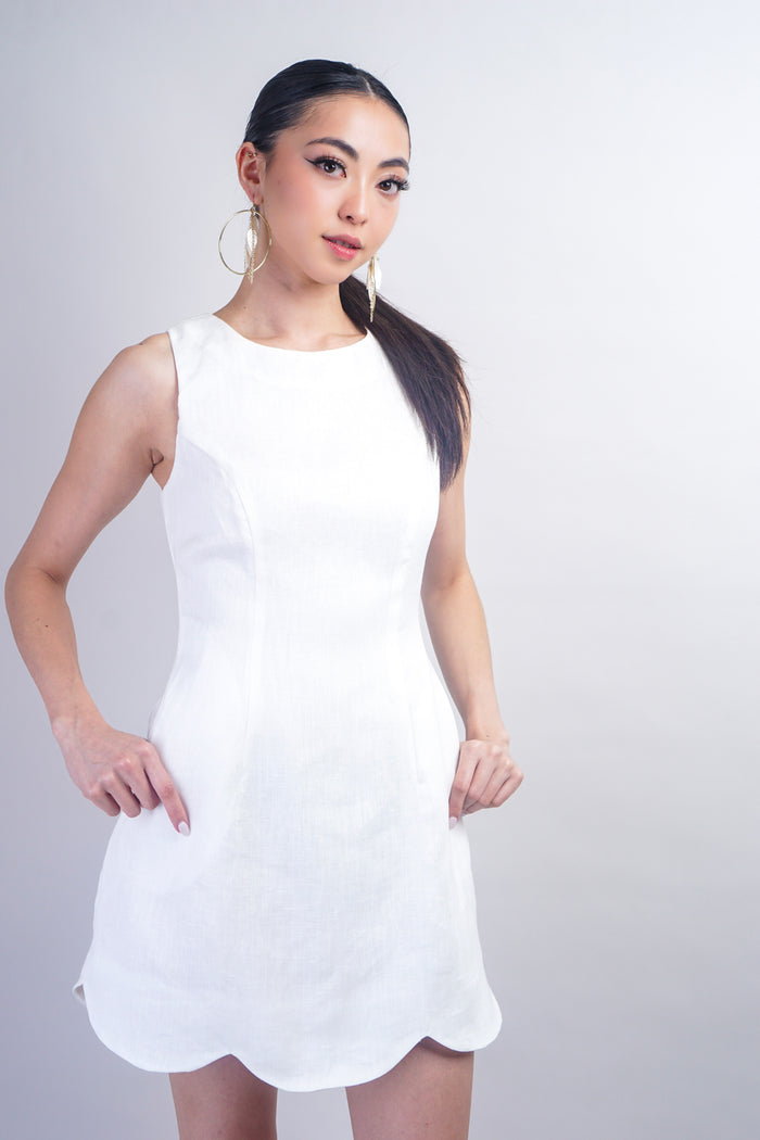 White Scallop Linen Mini Dress
