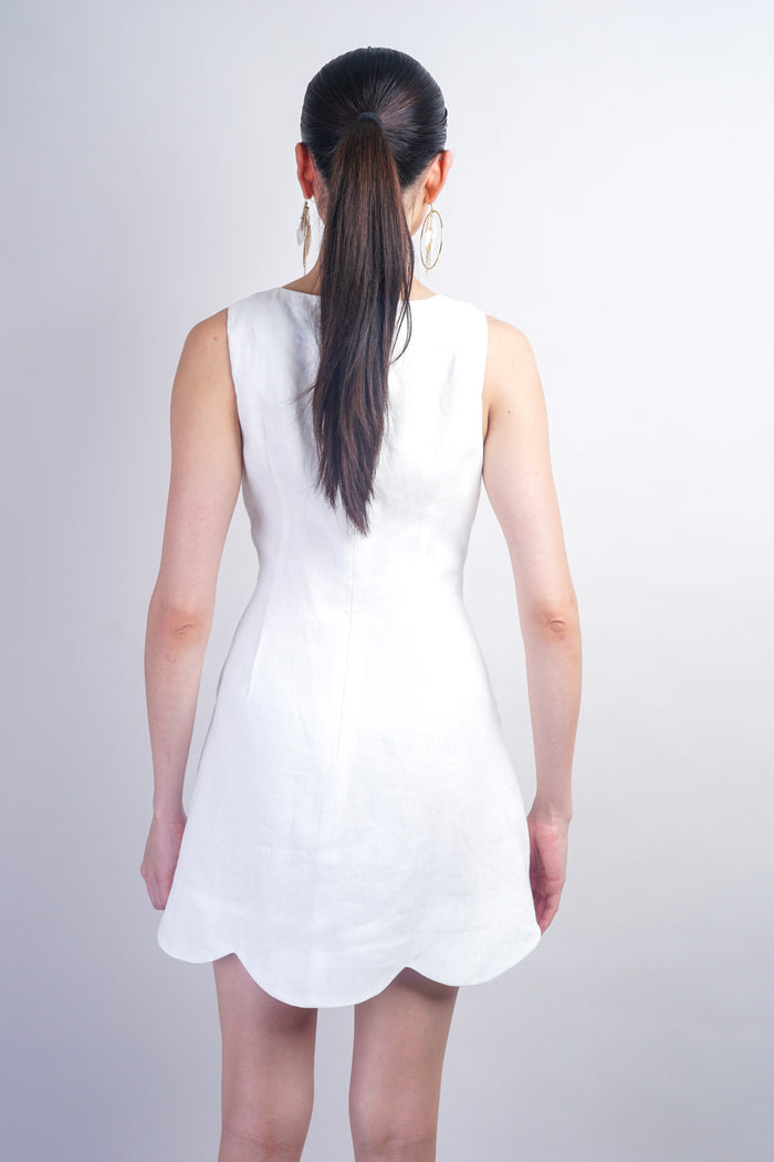 White Scallop Linen Mini Dress
