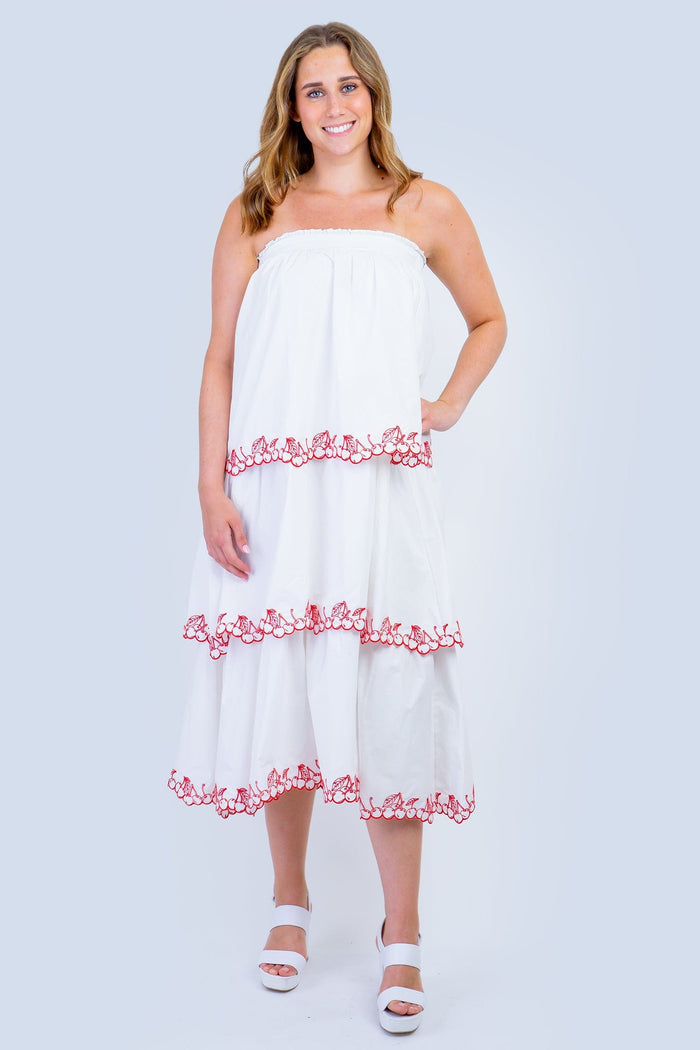 DCD DRESSES White Strapless Cherries Tiered Dress