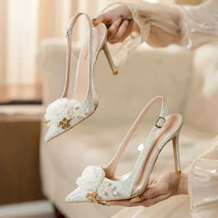 White Wedding Shoes Pointed Head Shallow Mouth Flowers High Heels