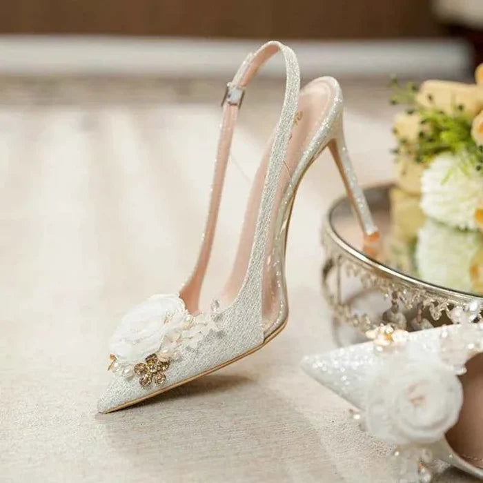 White Wedding Shoes Pointed Head Shallow Mouth Flowers High Heels