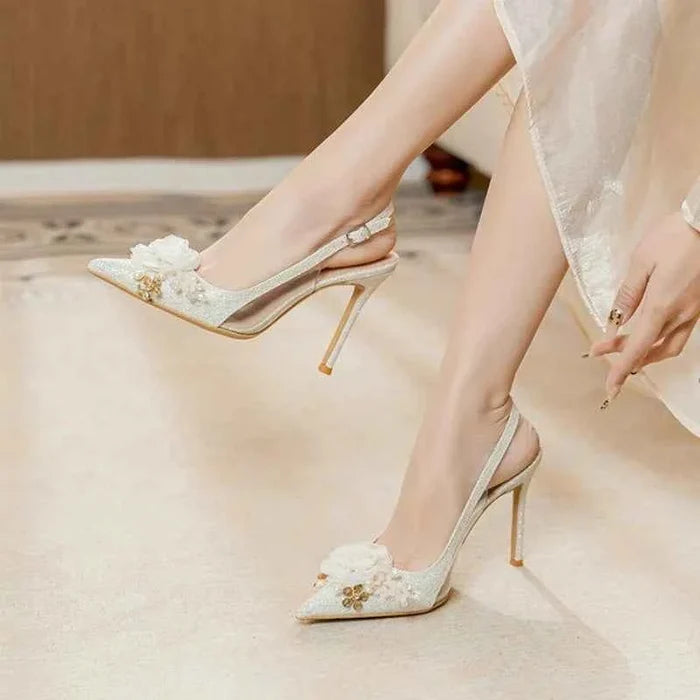 White Wedding Shoes Pointed Head Shallow Mouth Flowers High Heels