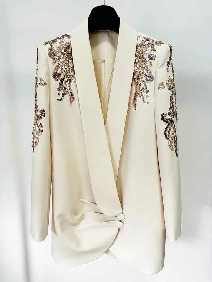 Women’s Shawl Collar Beaded Draped Blazer Dress