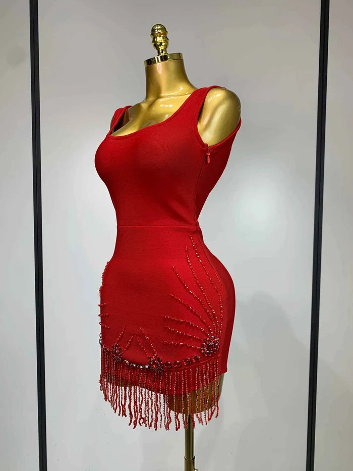Xhen Sleeveless Beaded Tassel Bodycon Bandage Dress