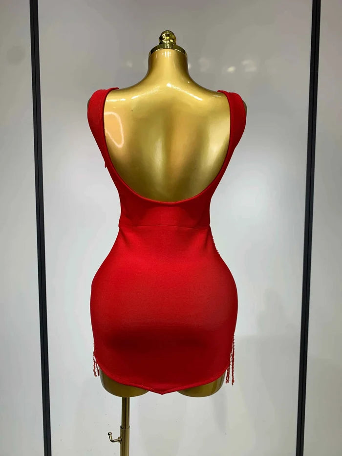 Xhen Sleeveless Beaded Tassel Bodycon Bandage Dress