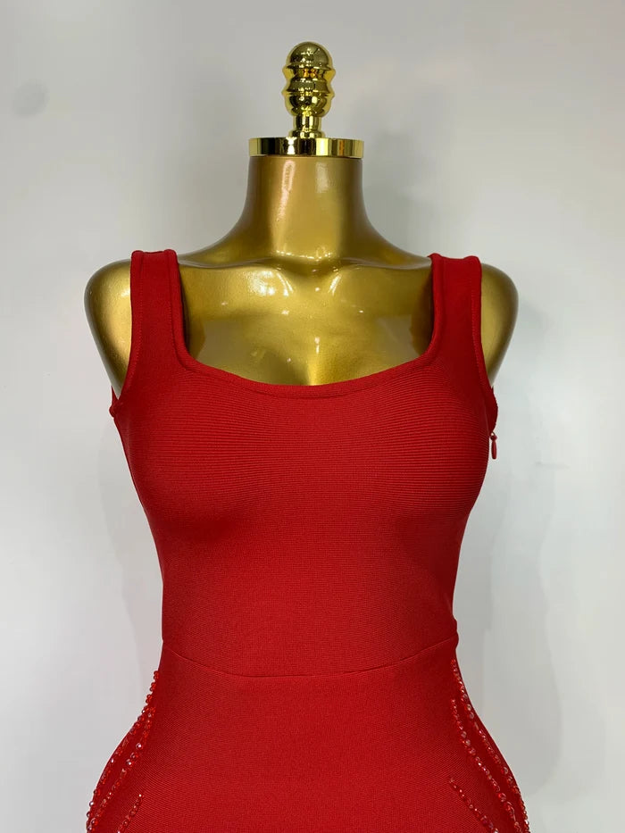 Xhen sleeveless beaded tassel bodycon bandage dress for women. Elegant party outfit for birthdays, clubs, and evening events.