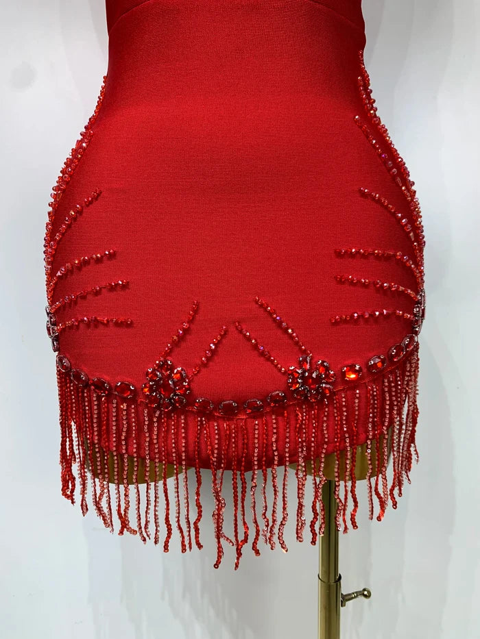 Xhen sleeveless beaded tassel bodycon bandage dress for women. Elegant party outfit for birthdays, clubs, and evening events.