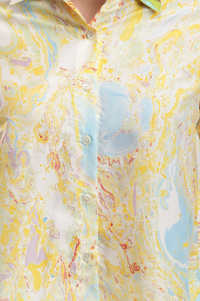 Yellow Alaska Marble Asymmetric Tunic, Asymmetrical Handcrafted marble print on pure silk, BeTrue, Be True