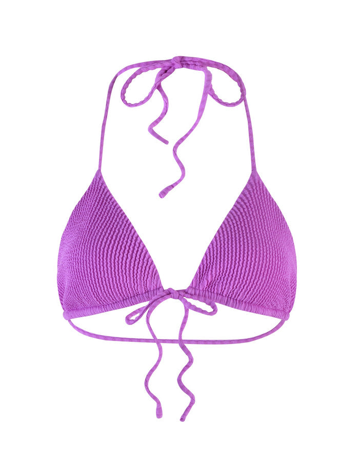 The YVE BIKINI TOP - PURPLE : VIOLET from TIGERMIST features a halter neck tie, a string tie at the back, and triangular cups. The fabric has a stylish ribbed texture.