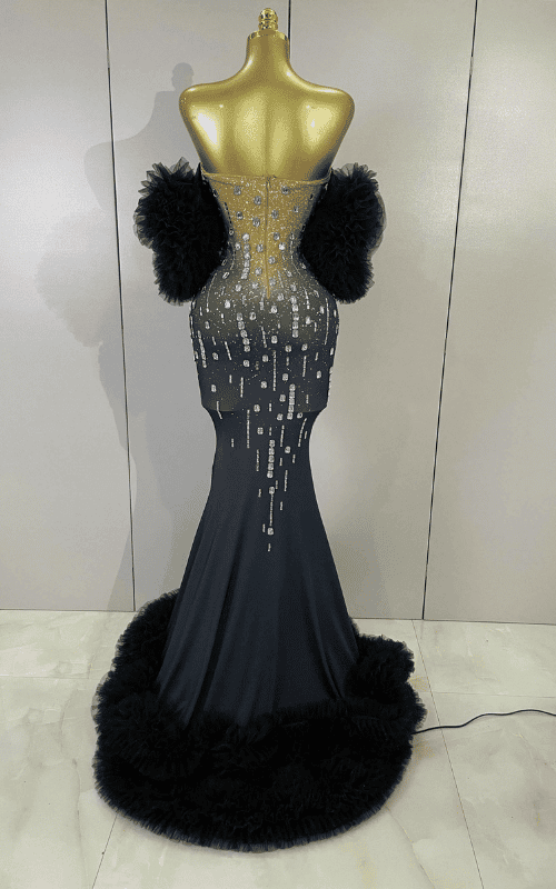 Yvonne sparkly diamond strapless stretch gown for women. Elegant long dress for birthdays, prom, cocktails, and evening events.