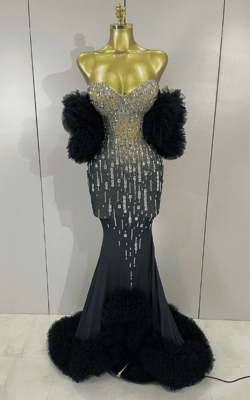 Yvonne sparkly diamond strapless stretch gown for women. Elegant long dress for birthdays, prom, cocktails, and evening events.