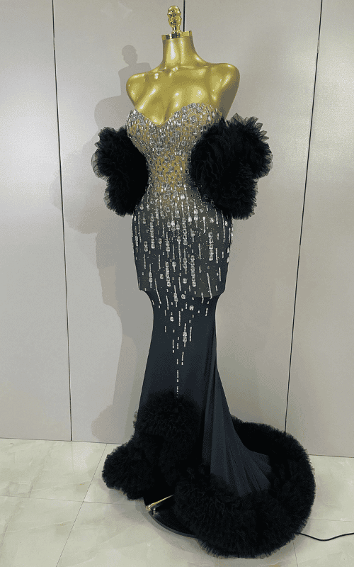Yvonne sparkly diamond strapless stretch gown for women. Elegant long dress for birthdays, prom, cocktails, and evening events.