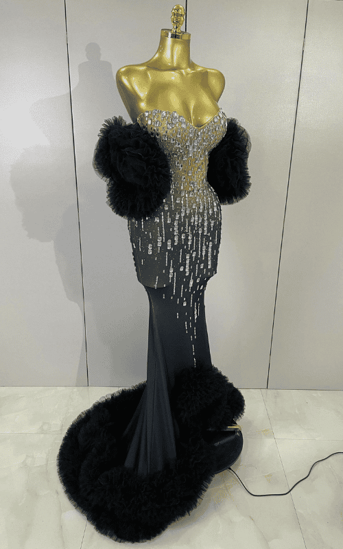 Yvonne sparkly diamond strapless stretch gown for women. Elegant long dress for birthdays, prom, cocktails, and evening events.