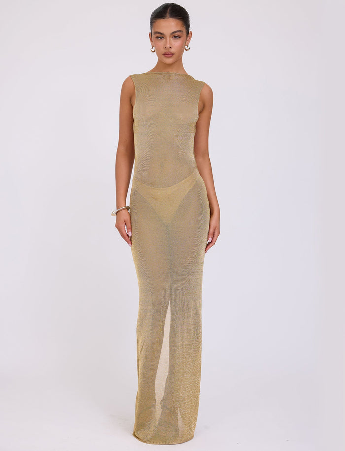 A woman stands against a plain background wearing the sleeveless, long, semi-sheer ZAELA DRESS in gold from TIGERMIST. She has her hair pulled back and accessorizes with earrings and a bracelet. The dress features a high neckline and is fitted to her body.