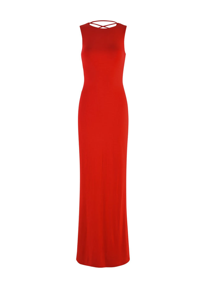 The ZAHRAA DRESS - RED from TIGERMIST is a stunning floor-length, sleeveless red dress featuring a fitted silhouette and a crisscross detail at the neckline.