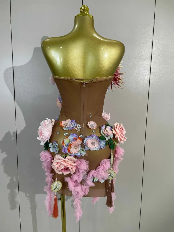 Zel Sexy Rhinestone 3D Floral Tassel Mesh Mini Dress for Women