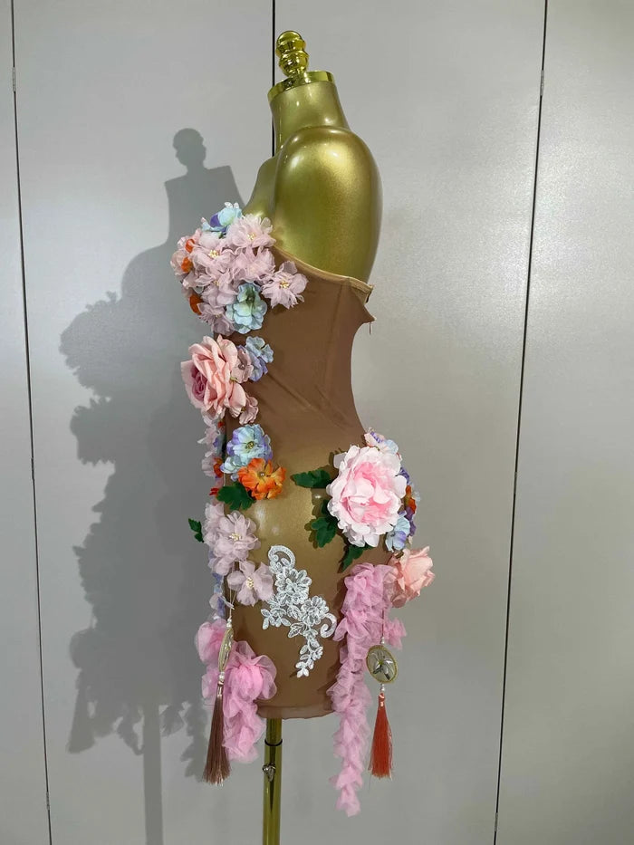 Zel Sexy Rhinestone 3D Floral Tassel Mesh Mini Dress for Women