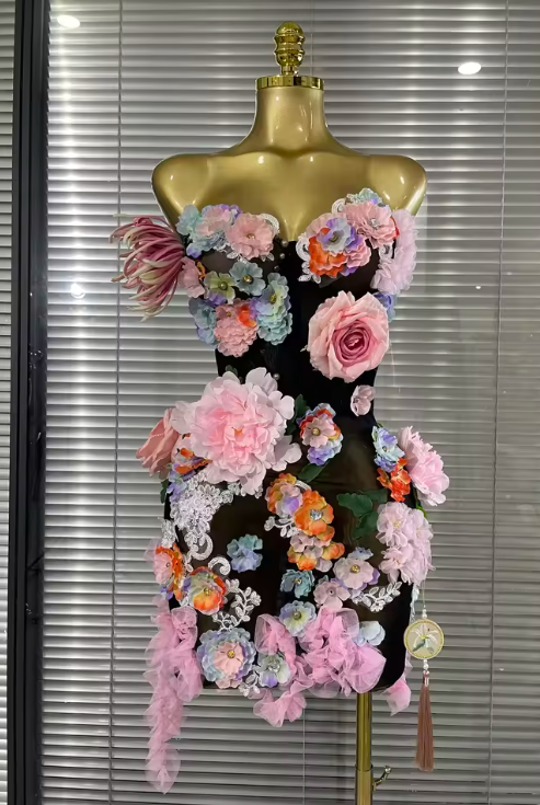Zel Sexy Rhinestone 3D Floral Tassel Mesh Mini Dress for Women