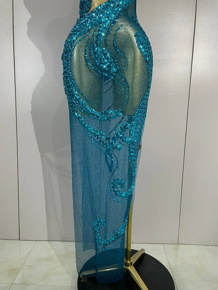 Zuri sleeveless transparent mesh long dress with intricate diamond and sequin patterns for a sparkly luxury evening look.